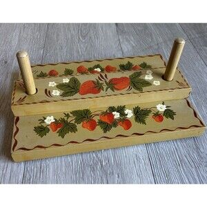 VTG Wood Napkin Holder Adjustable Bar Strawberry Design Picnic Farmhouse Cottage